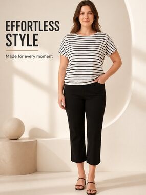 Cropped Black Pull-On Pants With Striped Tee